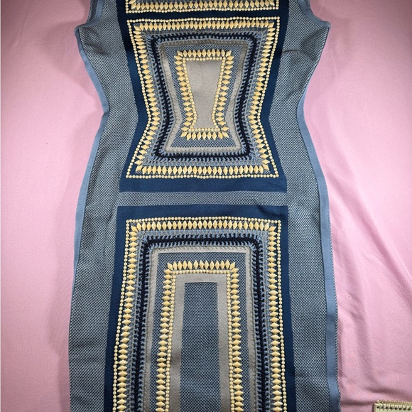 Unique Designer Herve Leger Blue and Cream Patterned Midi Dress